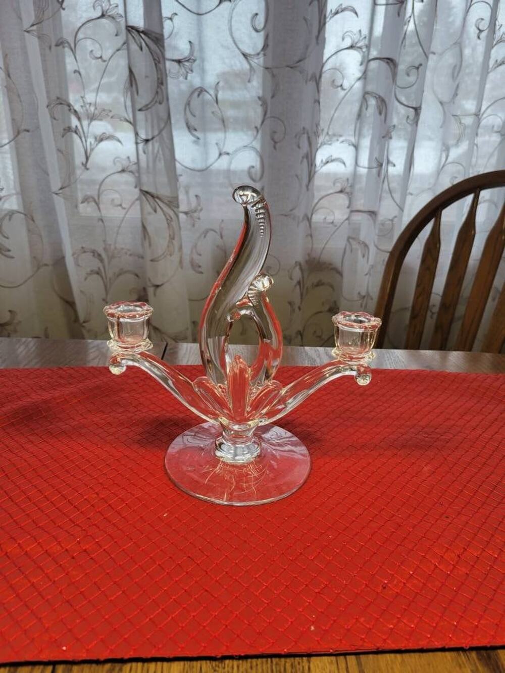 Vintage Heisey Southwind Flame Double Light Candle Holder Clear Glass Candelabra